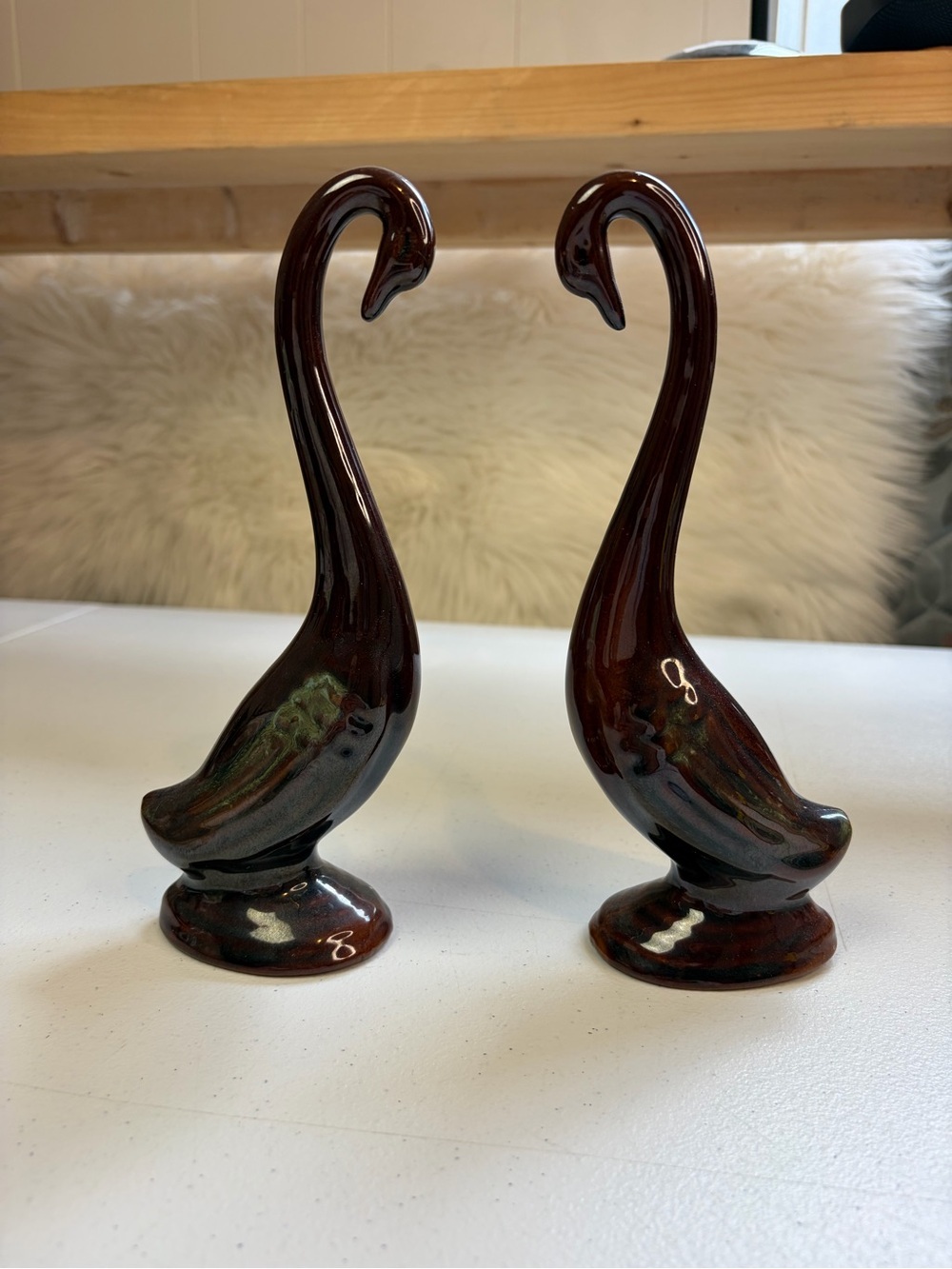 Vintage Japan Brown Drip Glaze Pottery Swan Figurines Mid Century MCM Retro 60s